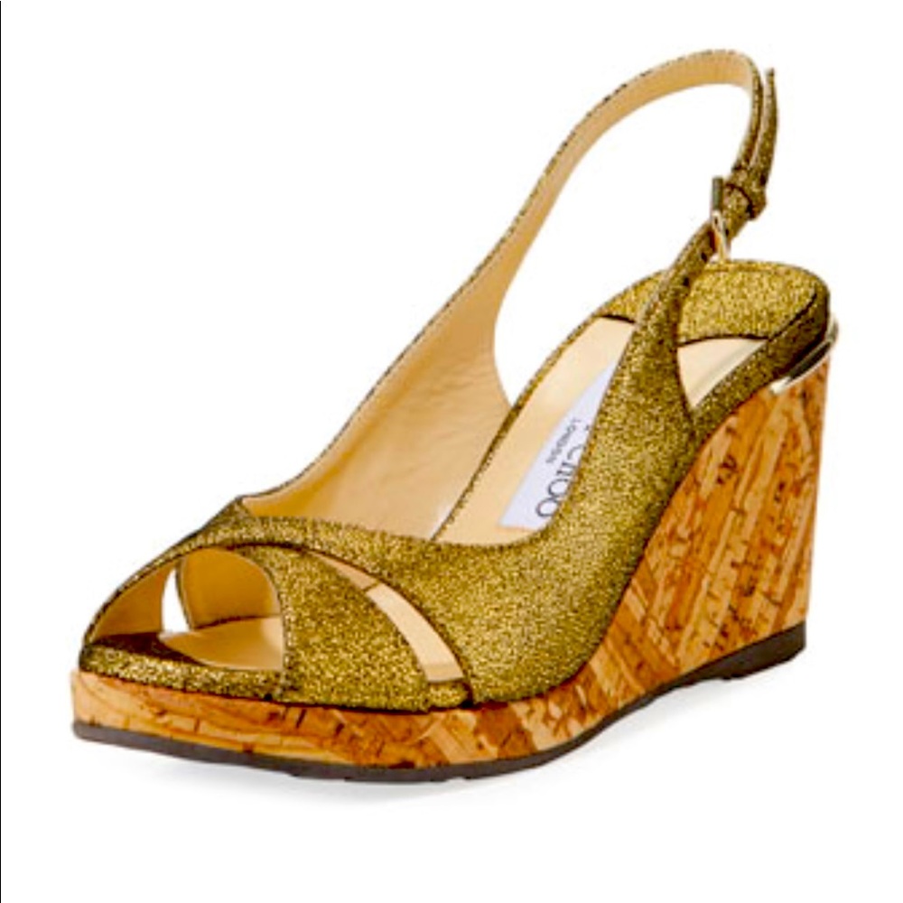Jimmy Choo Amley Gold Crackled Leather Cork Wedge Sandals sz 36